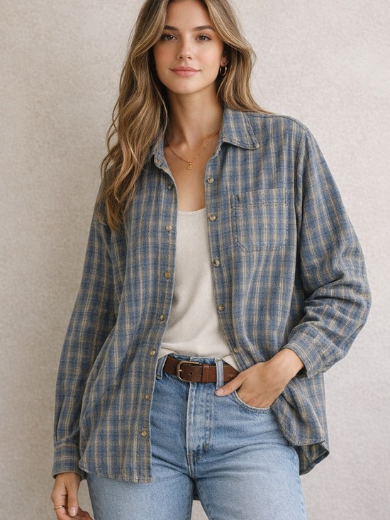 Quizz Jeans New York Tops - Quizz Jeans Blue & Tan Plaid Button-Up Shirt | Vintage Soft Flannel Feel | Large